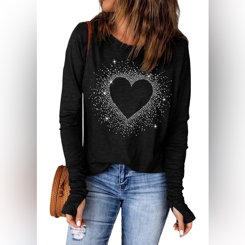 NEW Black Rhinestone Heart Shape Print Long Sleeve Top - Picture 4 of 8